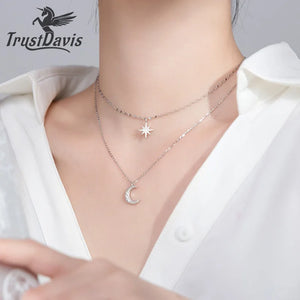 925 Silver Star Moon CZ Choker Necklace
