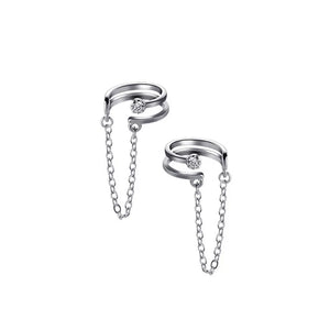 925 Silver Double Layer CZ Chain Clip Earrings Wedding Jewelry