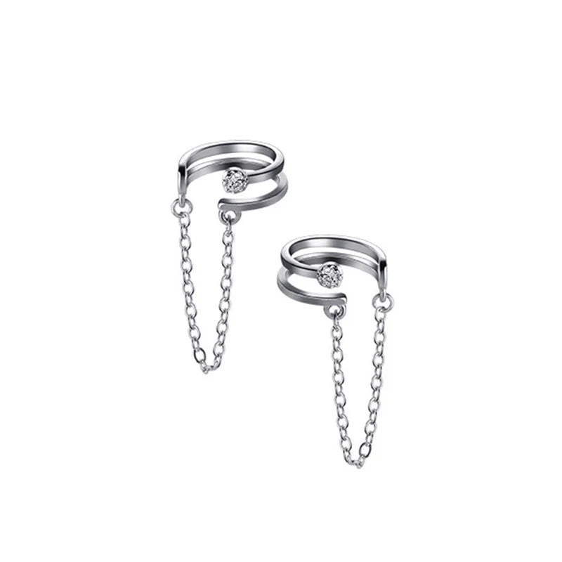 925 Silver Double Layer CZ Chain Clip Earrings Wedding Jewelry
