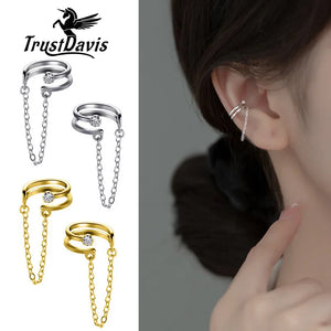 925 Silver Double Layer CZ Chain Clip Earrings Wedding Jewelry