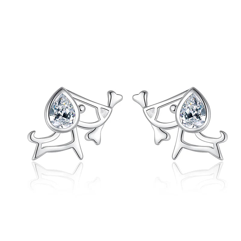 925 Silver Dog Stud Earrings CZ Jewelry Gift F06