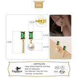 Real 925 Sterling Silver Earring Asymmetric Pearl Green CZ Stud Earrings