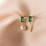 Real 925 Sterling Silver Earring Asymmetric Pearl Green CZ Stud Earrings