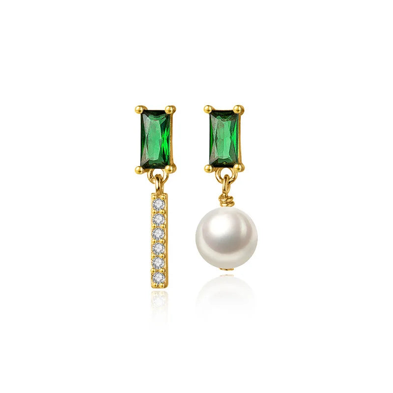 Real 925 Sterling Silver Earring Asymmetric Pearl Green CZ Stud Earrings