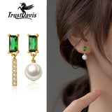 Real 925 Sterling Silver Earring Asymmetric Pearl Green CZ Stud Earrings