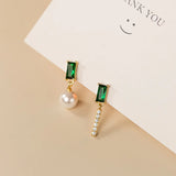 Real 925 Sterling Silver Earring Asymmetric Pearl Green CZ Stud Earrings