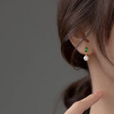 Real 925 Sterling Silver Earring Asymmetric Pearl Green CZ Stud Earrings