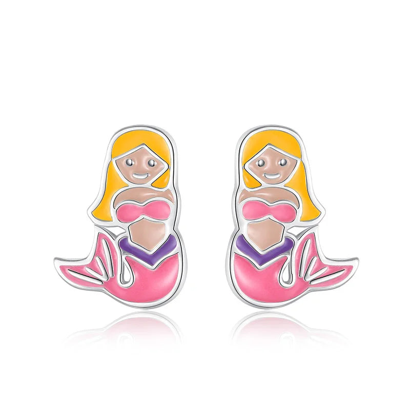 925 Sterling Silver Mermaid Charm Stud Earrings For Daughter Girls Gift