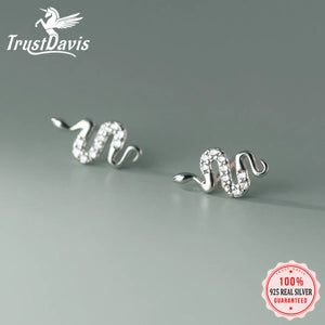 TrustDavis 925 Silver Earring Snake CZ Stud Earrings For Daughter