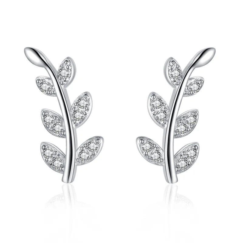 Davis 925 Sterling Silver CZ Leaf Stud Earrings for Women