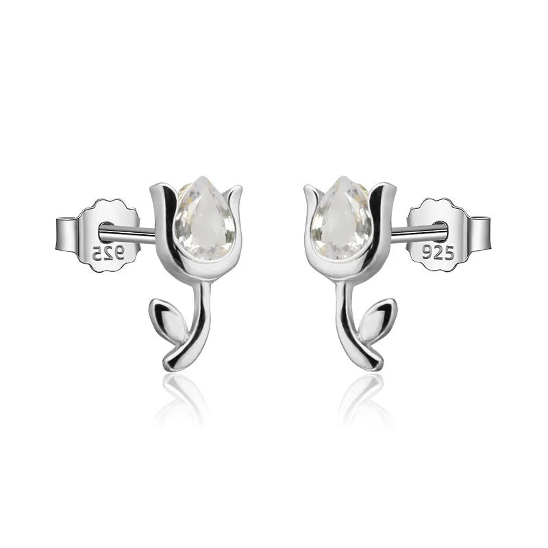 925 Silver Tulip Flower CZ Stud Earrings for Women