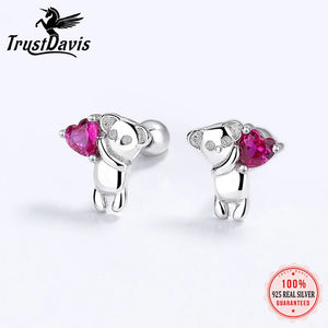 925 Silver Earring Love Animal Bear Heart CZ Stud Earrings Gift DA3172