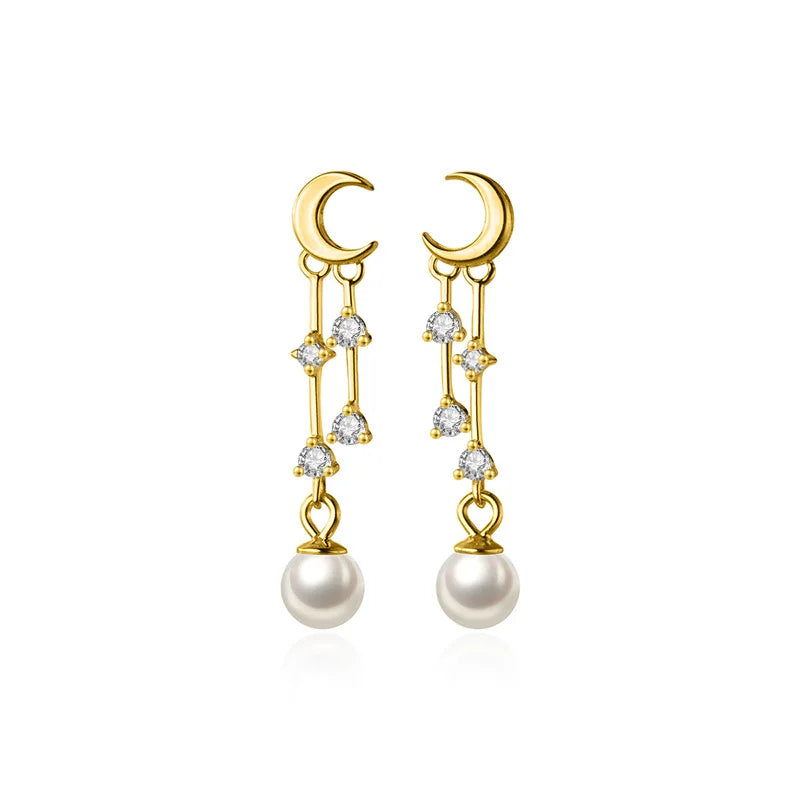 925 Sterling Silver Earrings Moon Tassel CZ Stud For Women