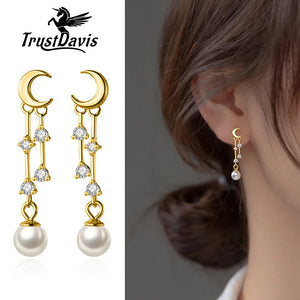 925 Sterling Silver Earrings Moon Tassel CZ Stud For Women