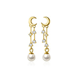 925 Sterling Silver Earrings Moon Tassel CZ Stud For Women