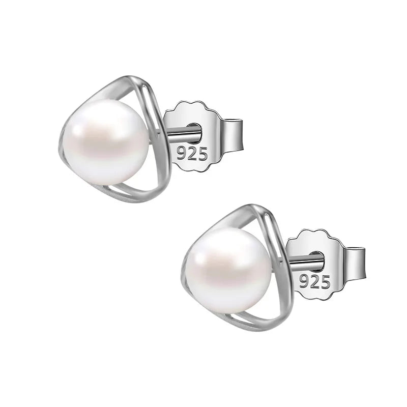 TrustDavis 925 Silver Earring Pearls Triangle Stud Women Lady Jewelry Gift