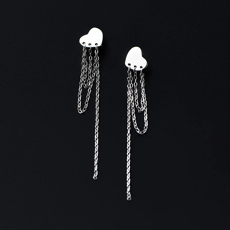 TrustDavis 925 Silver Heart Chain Tassel Stud Earrings