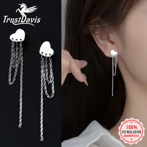 TrustDavis 925 Silver Heart Chain Tassel Stud Earrings