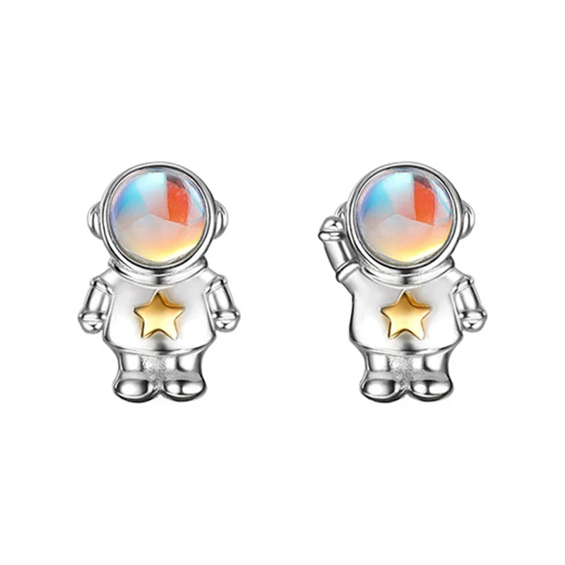925 Silver Earring Astronauts Moonstone Stud Women's Christmas Jewelry