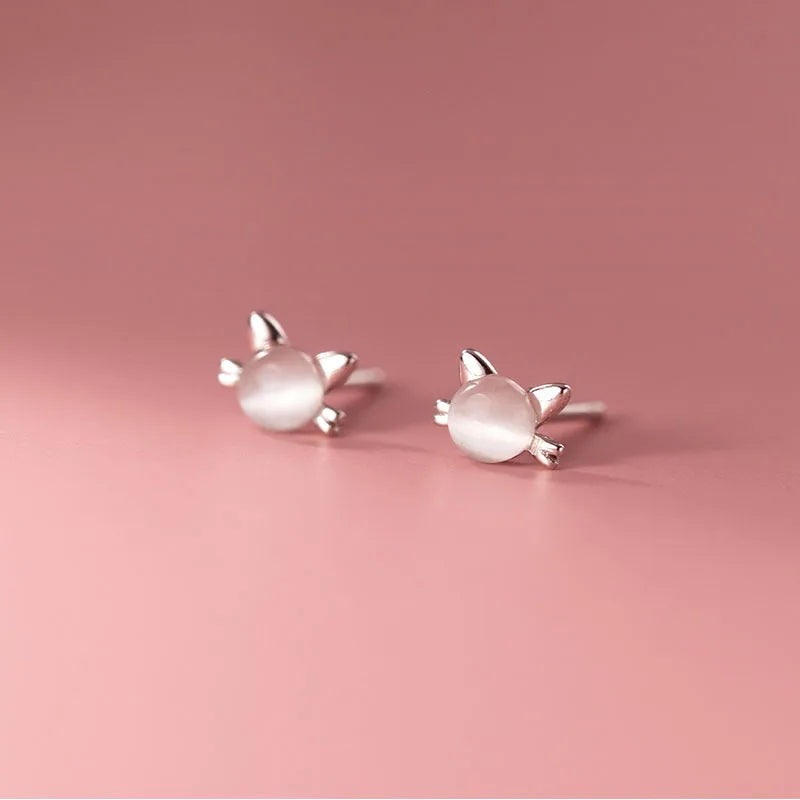 TrustDavis 925 Silver Opal Cat Stud Earrings for Daughter - DE0084