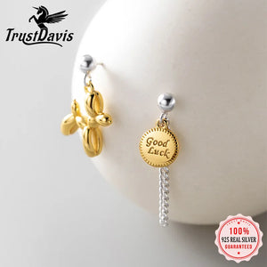 TrustDavis 925 Silver Asymmetric Dog Chian Stud Earrings