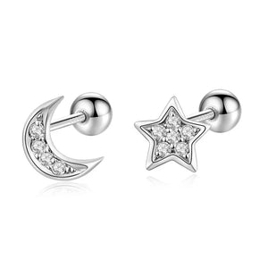 925 Silver Moon Star CZ Beads Stud Earrings