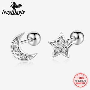 925 Silver Moon Star CZ Beads Stud Earrings