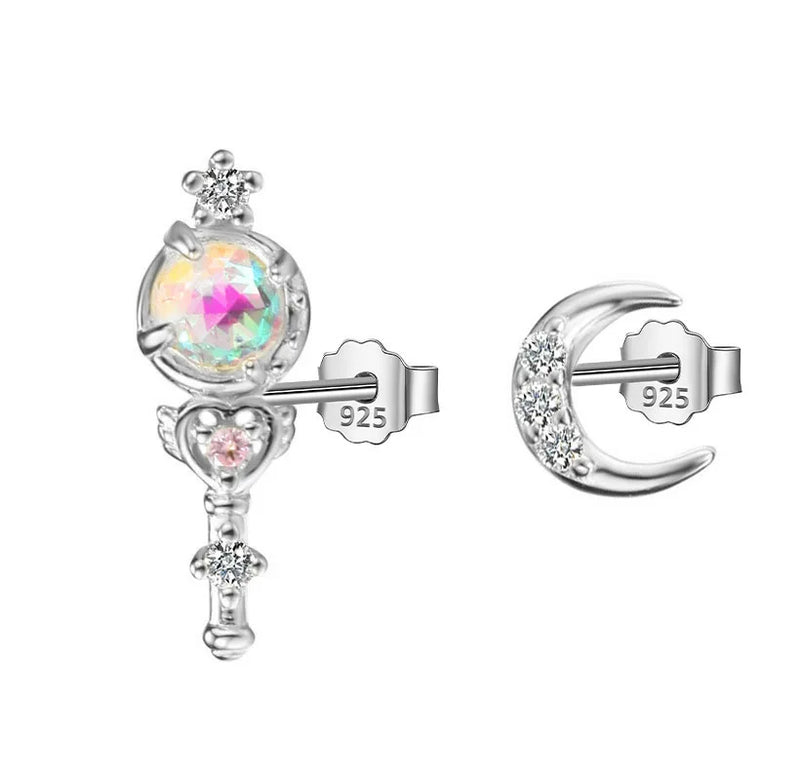 925 Silver Asymmetric Mace Moon Stud Earrings For Women