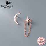 TrustDavis 925 Silver Asymmetric Moon Star Chain Stud Earrings DS1125