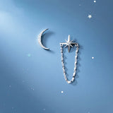 TrustDavis 925 Silver Asymmetric Moon Star Chain Stud Earrings DS1125