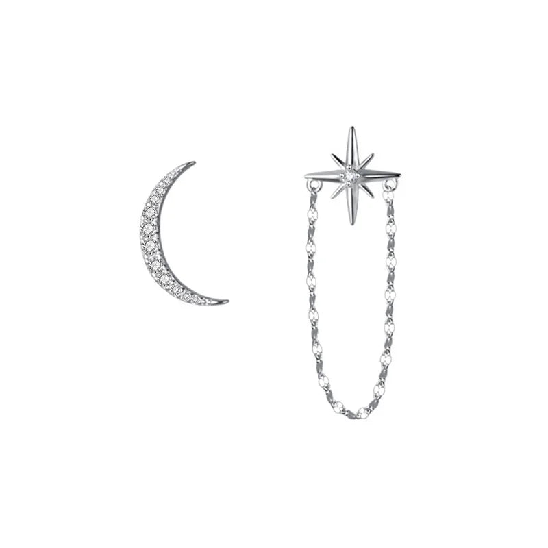 TrustDavis 925 Silver Asymmetric Moon Star Chain Stud Earrings DS1125