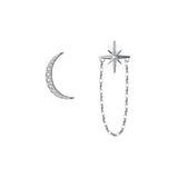 TrustDavis 925 Silver Asymmetric Moon Star Chain Stud Earrings DS1125