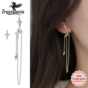 925 Silver Asymmetric Star Tassel Stud Earrings Wedding Jewelry