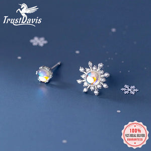 925 Silver Asymmetric Sun Snowflake Stud Earrings For Women Wedding