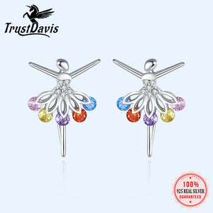 TrustDavis 925 Silver Ballet Dancer CZ Stud Earrings Gift For Women Girls Lady