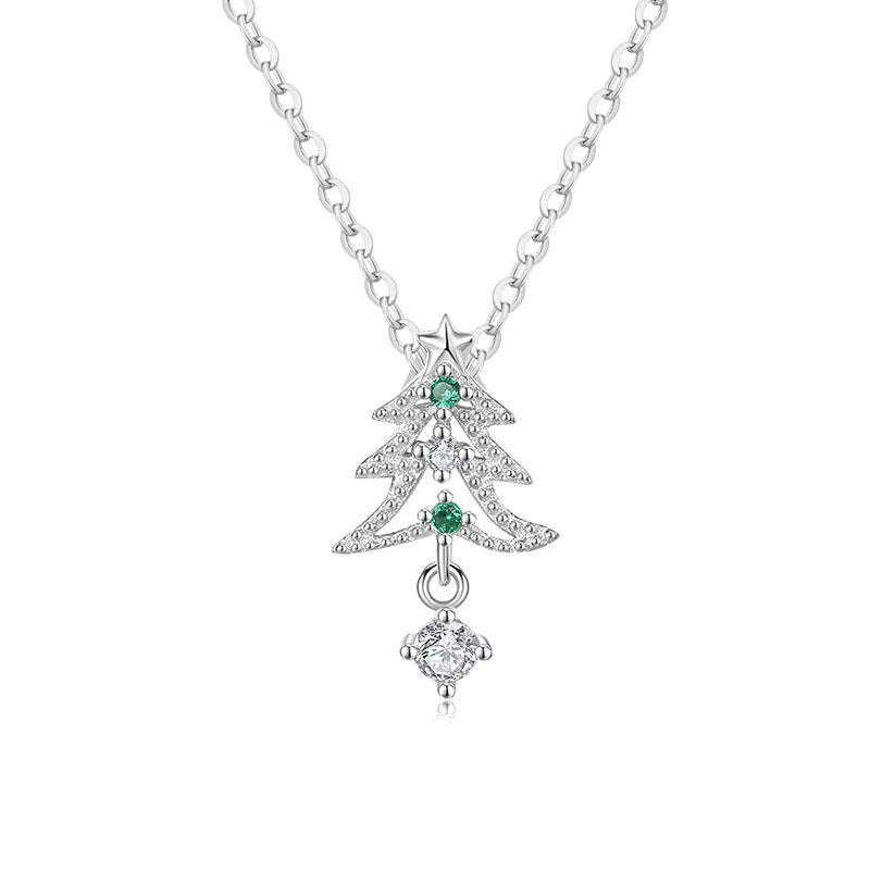 TrustDavis 925 Silver Zircon Christmas Tree Pendant Necklace