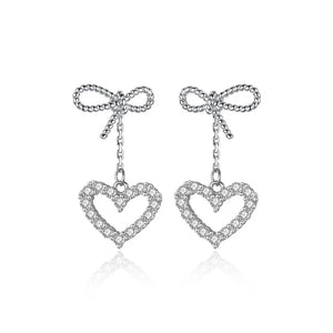 925 Silver Bow Heart CZ Stud Earrings Wedding Jewelry