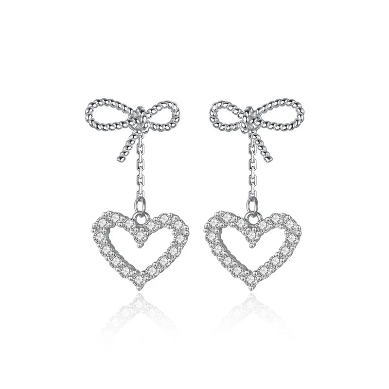 925 Silver Bow Heart CZ Stud Earrings Wedding Jewelry