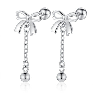 925 Silver Bowknot Tassel Beads Stud Earrings Fine Gift