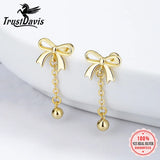 925 Silver Bowknot Tassel Beads Stud Earrings Fine Gift