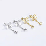 925 Silver Bowknot Tassel Beads Stud Earrings Fine Gift