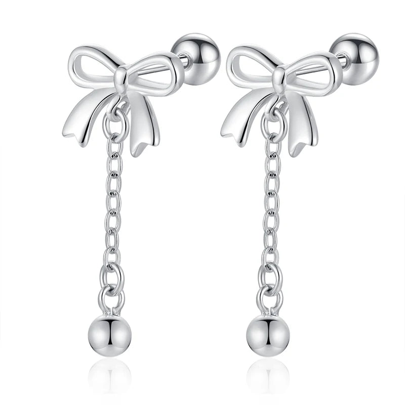 925 Silver Bowknot Tassel Beads Stud Earrings Fine Gift