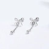 925 Silver Bowknot Tassel Beads Stud Earrings Fine Gift