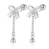 925 Silver Bowknot Tassel Beads Stud Earrings Fine Gift