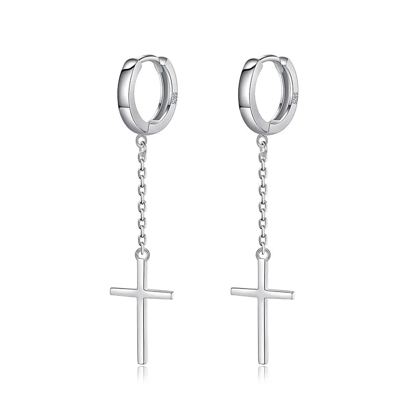 Davis 925 Silver Cross Chain Hoop Earring Women Wedding Party Fine Jewelry
