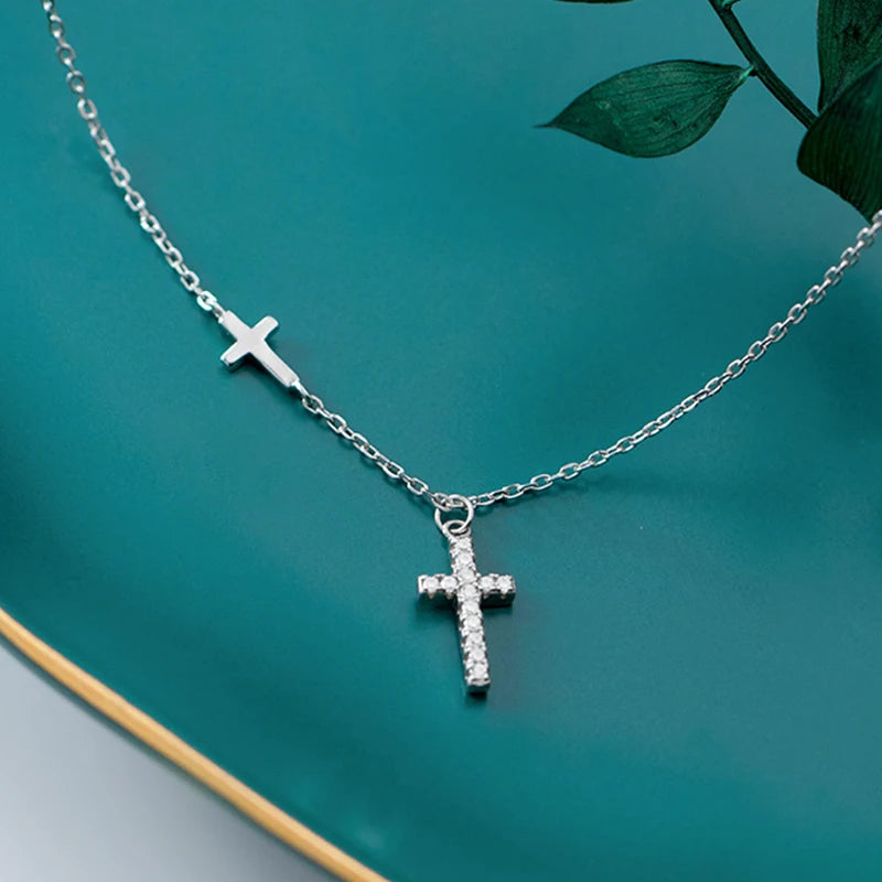 TrustDavis 925 Silver Cross CZ Pendant Necklace For Women