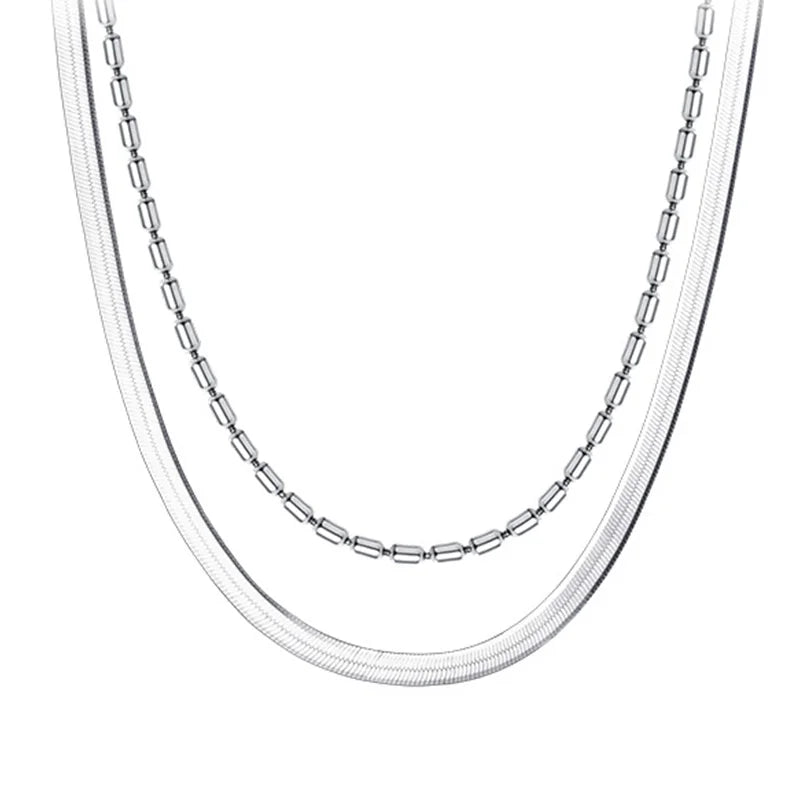 925 Sterling Silver Double Bamboo Snake Chain Necklace For Women