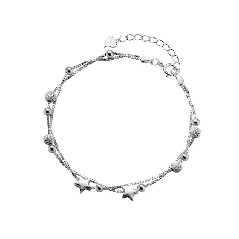 925 Silver Double Layer Star Beads Bracelet Wedding Party Jewelry