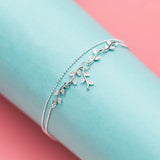 Genuine 925 Silver Double Beads Chain Leaf Anklets for Women