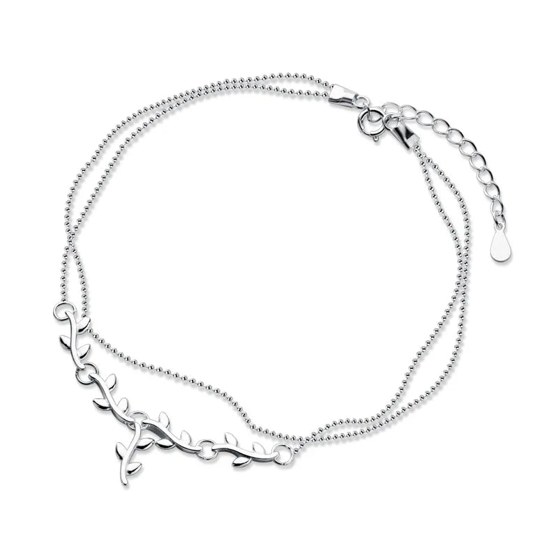 Genuine 925 Silver Double Beads Chain Leaf Anklets for Women